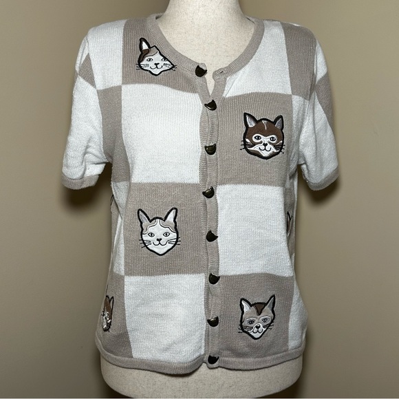 Christopher & Banks Cat Sweater Cardigan Beige White Checkered Short Sleeve - Picture 2 of 11